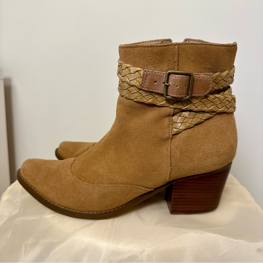 Arezzo Tan Real Suede Ankle Boots with Braided Strap & Block Heel